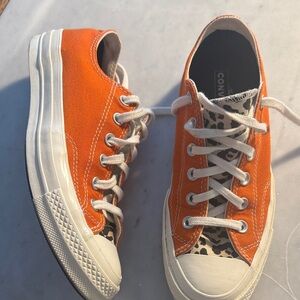 Converse Orange Canvas Low-Top Sneakers with Leopard Tongue -worn twice